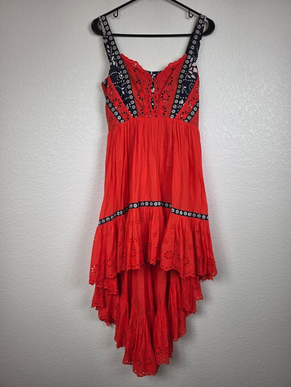 Free People Orange Red Embroidered High-Low Dress Size 6